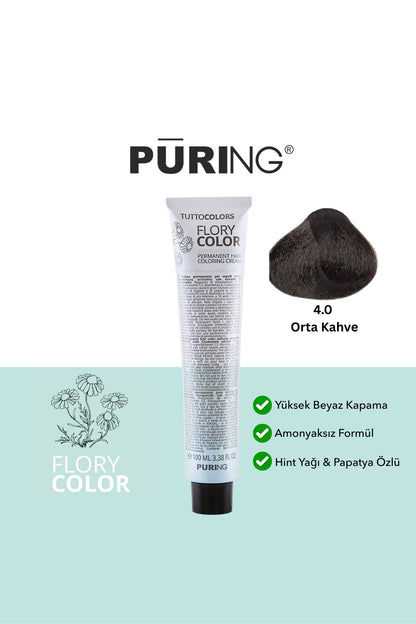 PURING Flory Color Papatya Özlü Amonyaksız Saç Boyası 100ml - 4.0 Orta Kahve (Kahverengi)