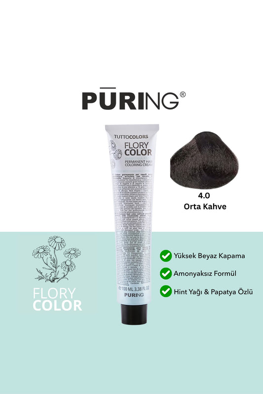 PURING Flory Color Papatya Özlü Amonyaksız Saç Boyası 100ml - 4.0 Orta Kahve (Kahverengi)