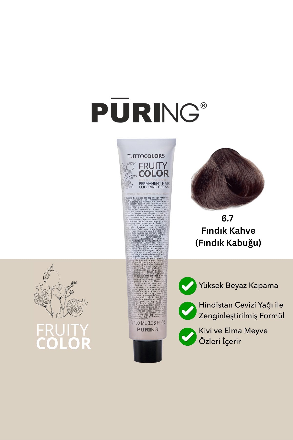 PURING Fruity Color Meyve Asitli Profesyonel Krem Saç Boyası 100ml - 6.7 Fındık Kahve (Fındık Kabuğu)
