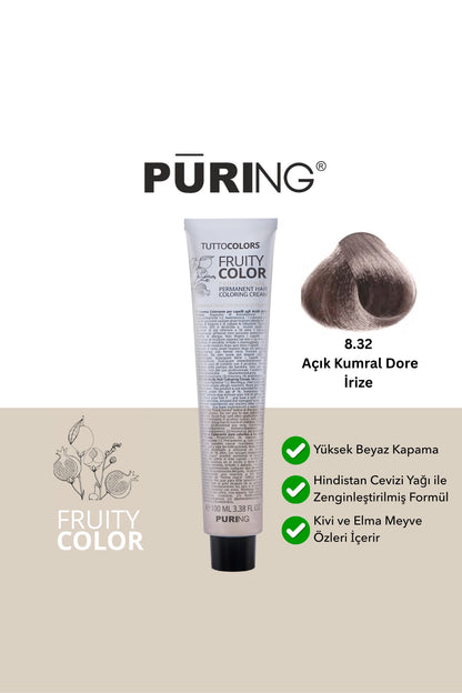 PURING Fruity Color Meyve Asitli Profesyonel Krem Saç Boyası 100ml - 8.32 Açık Kumral Dore İrize
