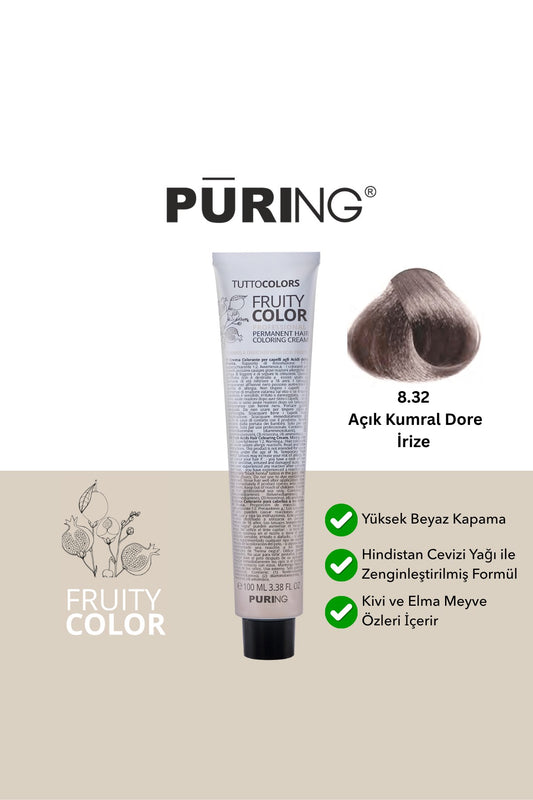 PURING Fruity Color Meyve Asitli Profesyonel Krem Saç Boyası 100ml - 8.32 Açık Kumral Dore İrize