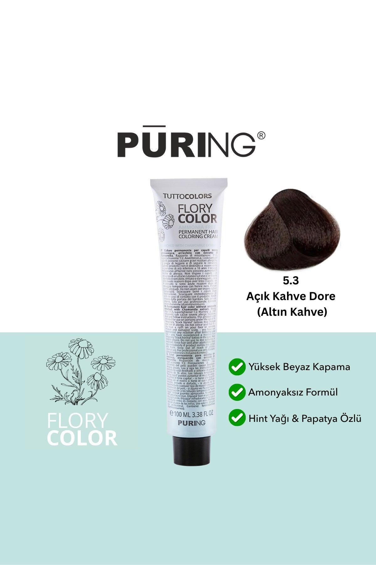 PURING Flory Color Papatya Özlü Amonyaksız Saç Boyası 100ml - 5.3 Açık Kahve Dore (Altın Kahve)
