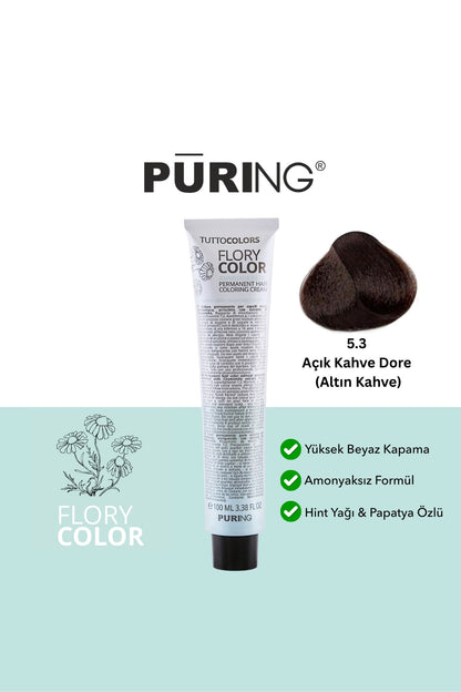 PURING Flory Color Papatya Özlü Amonyaksız Saç Boyası 100ml - 5.3 Açık Kahve Dore (Altın Kahve)