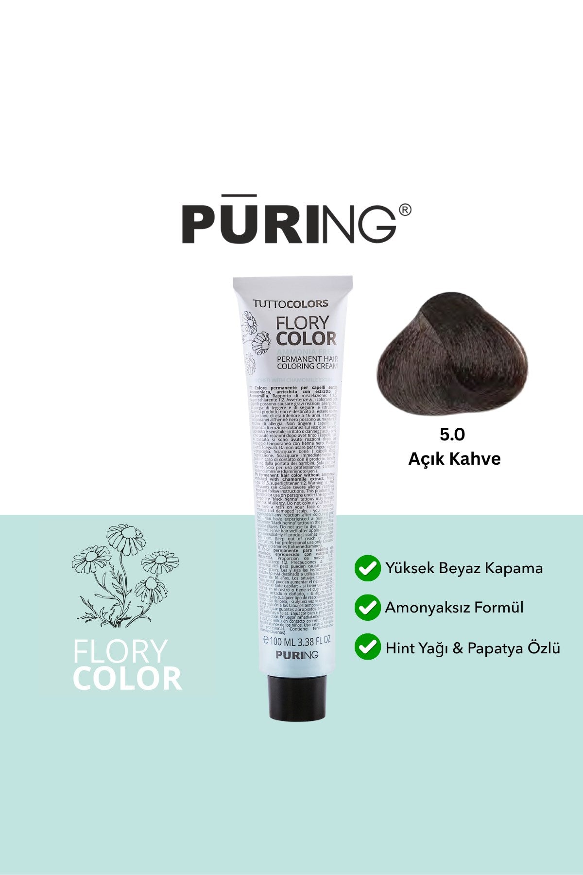 PURING Flory Color Papatya Özlü Amonyaksız Saç Boyası 100ml - 5.0 Açık Kahve (Açık Kahverengi)