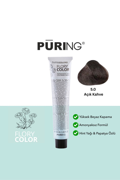 PURING Flory Color Papatya Özlü Amonyaksız Saç Boyası 100ml - 5.0 Açık Kahve (Açık Kahverengi)