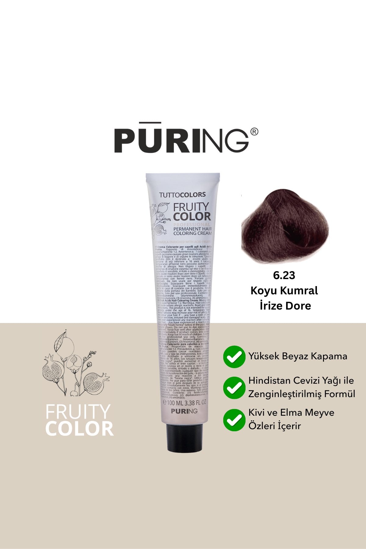 PURING Fruity Color Meyve Asitli Profesyonel Krem Saç Boyası 100ml - 6.23 Koyu Kumral İrize Dore