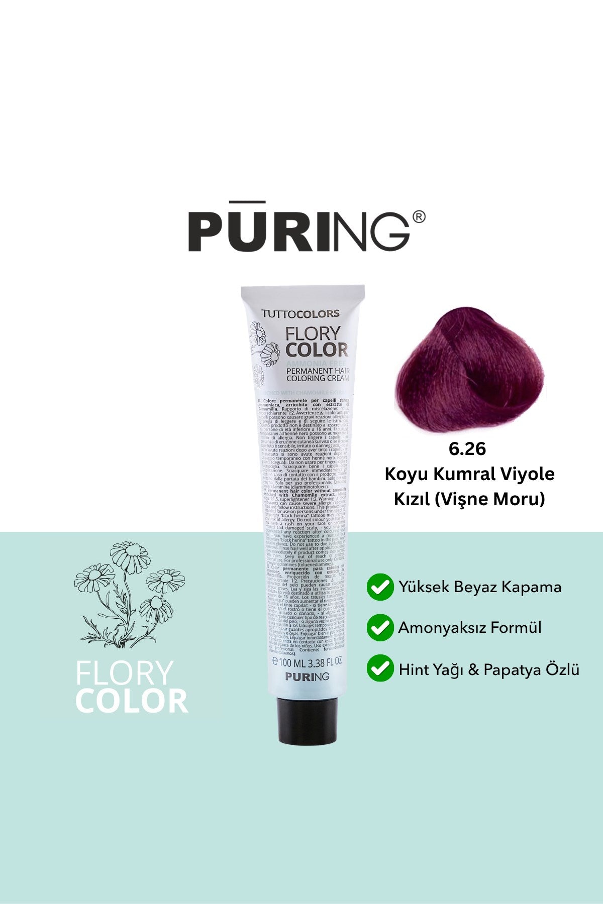 PURING Flory Color Papatya Özlü Amonyaksız Saç Boyası 100ml - 6.26 Koyu Kumral Viyole Kızıl (Vi̇şne Moru)