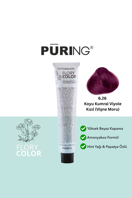 PURING Flory Color Papatya Özlü Amonyaksız Saç Boyası 100ml - 6.26 Koyu Kumral Viyole Kızıl (Vi̇şne Moru)