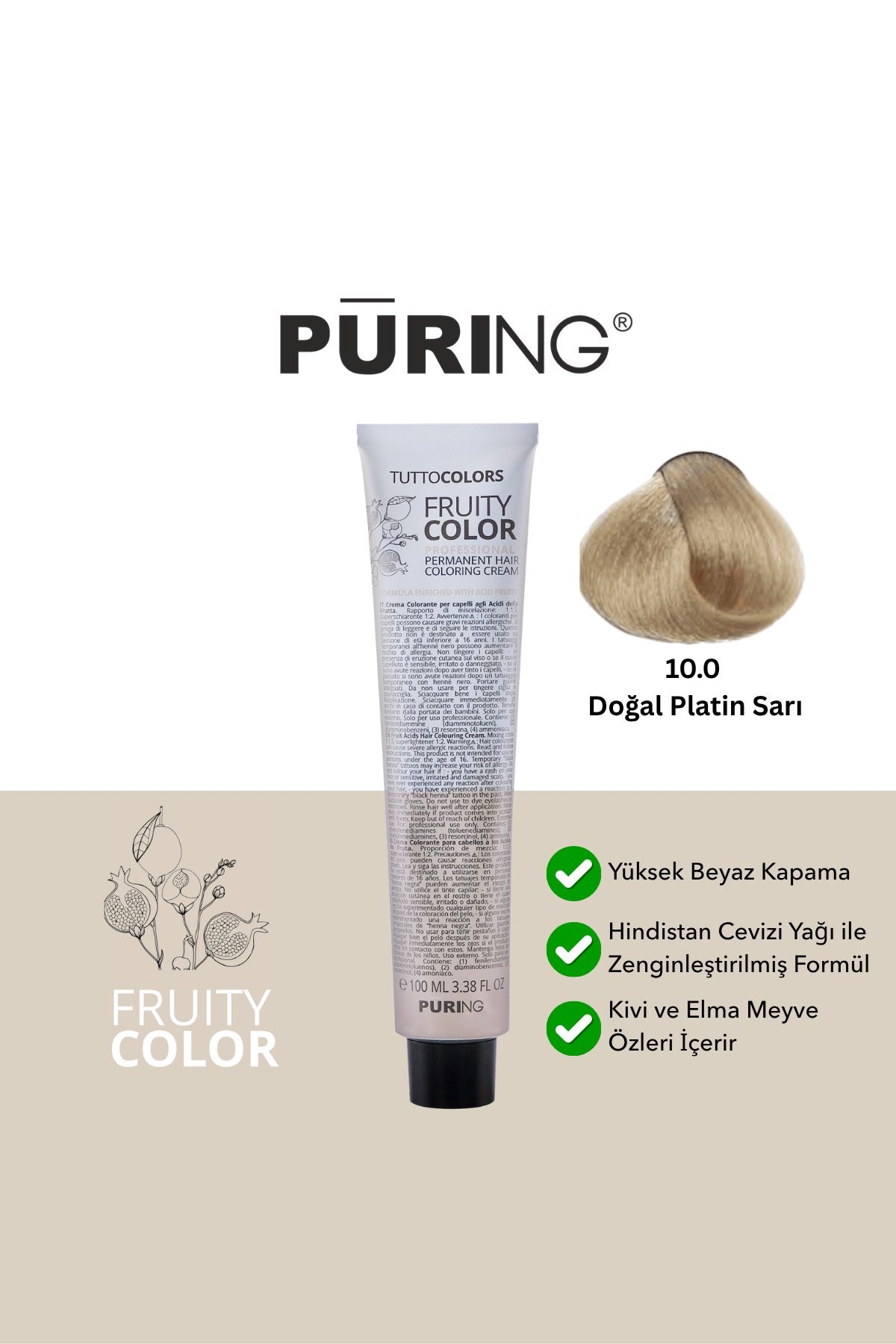 PURING Fruity Color Meyve Asitli Profesyonel Krem Saç Boyası 100ml - 10.0 Doğal Platin Sarı (En Açık Sarı)