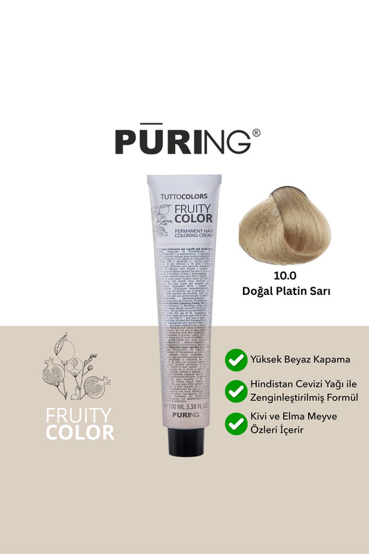 PURING Fruity Color Meyve Asitli Profesyonel Krem Saç Boyası 100ml - 10.0 Doğal Platin Sarı (En Açık Sarı)