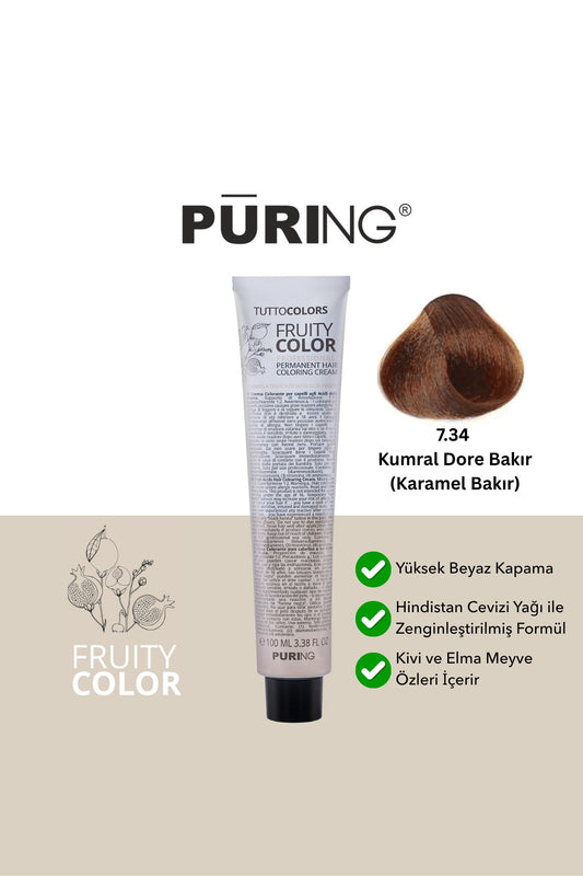 PURING Fruity Color Meyve Asitli Profesyonel Krem Saç Boyası 100ml - 7.34 Kumral Dore Bakır (Karamel Bakır)