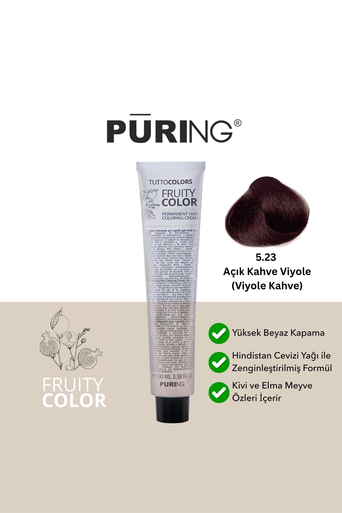 PURING Fruity Color Meyve Asitli Profesyonel Krem Saç Boyası 100ml - 5.23 Açık Kahve Viyole (Viyole Kahve)