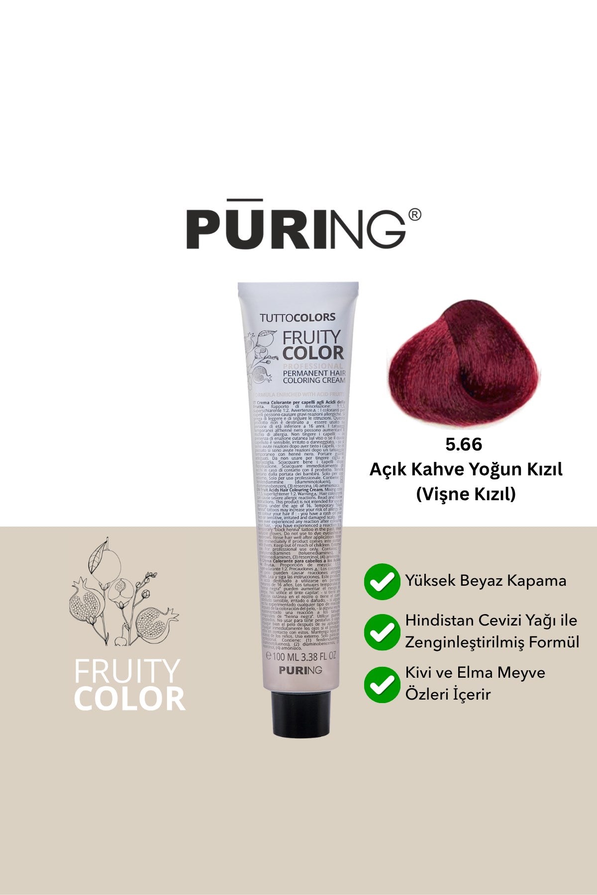 PURING Fruity Color Meyve Asitli Profesyonel Krem Saç Boyası 100ml - 5.66 Açık Kahve Yoğun Kızıl(Vişne Kızıl)