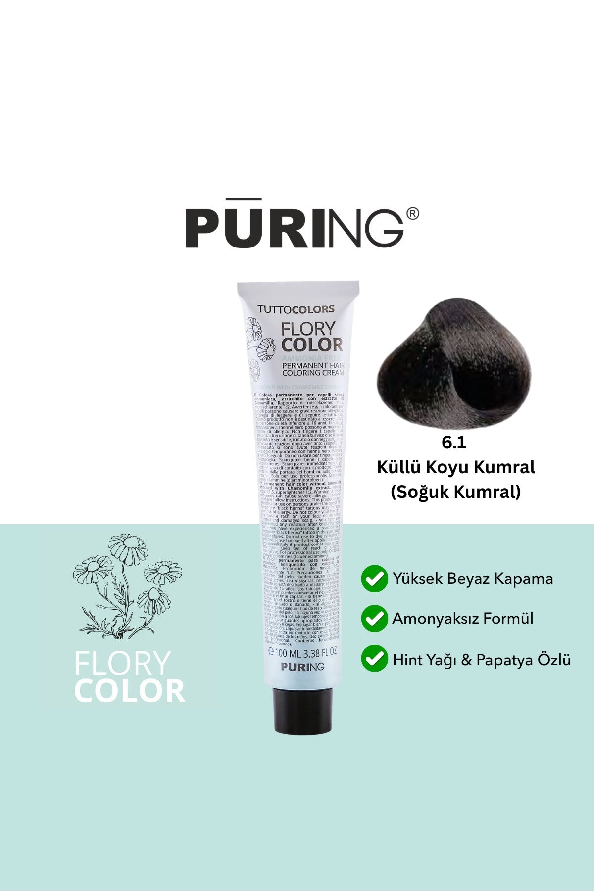 PURING Flory Color Papatya Özlü Amonyaksız Saç Boyası 100ml - 6.1 Küllü Koyu Kumral (Soğuk Kumral)