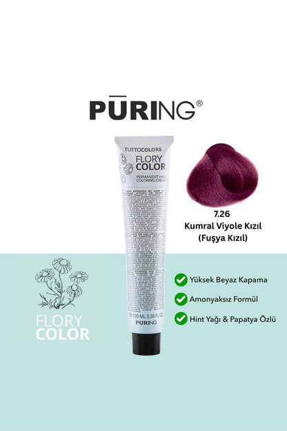 PURING Flory Color Papatya Özlü Amonyaksız Saç Boyası 100ml - 7.26 Kumral Vi̇yole Kızıl (Fuşya Kızıl)