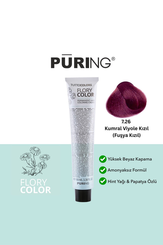 PURING Flory Color Papatya Özlü Amonyaksız Saç Boyası 100ml - 7.26 Kumral Vi̇yole Kızıl (Fuşya Kızıl)