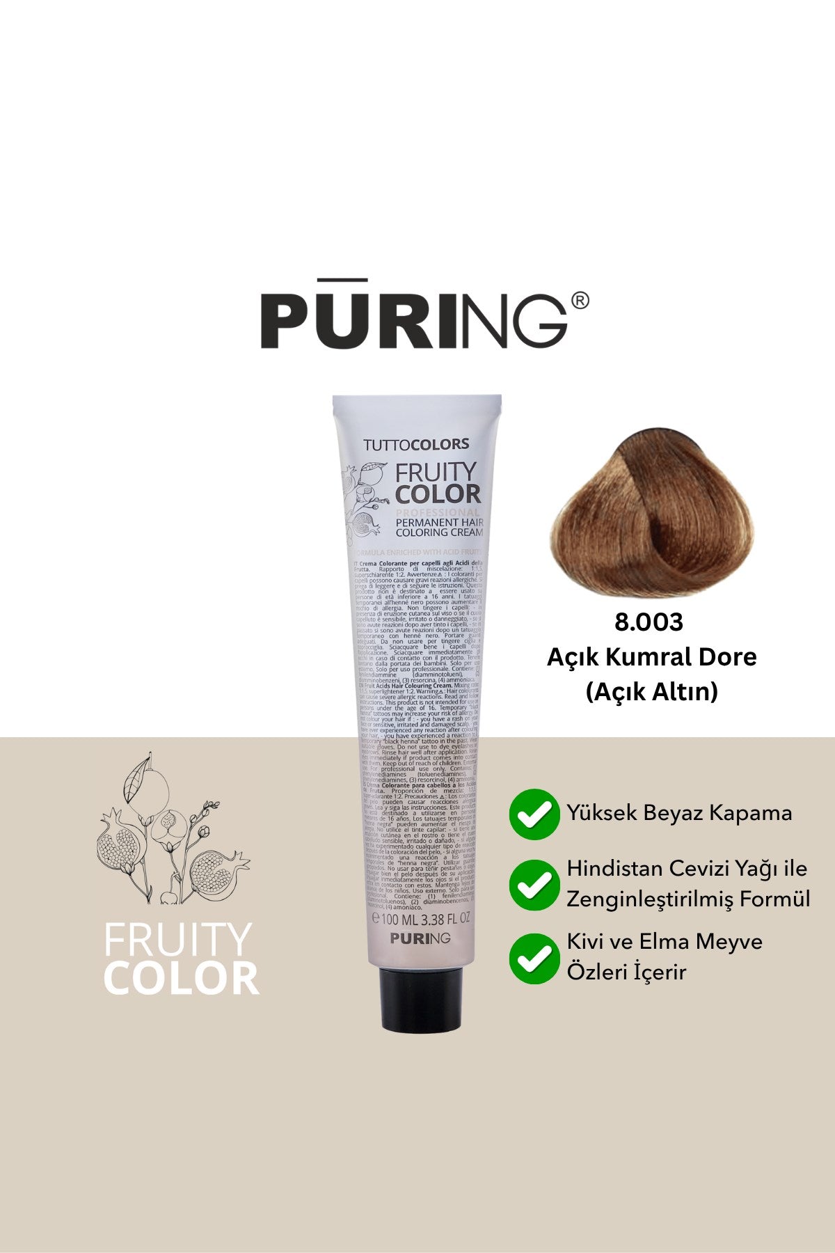 PURING Fruity Color Meyve Asitli Profesyonel Krem Saç Boyası 100ml - 8.003 Açık Kumral Dore(Açık Altın)