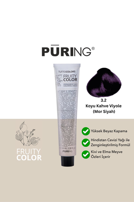 PURING Fruity Color Meyve Asitli Profesyonel Krem Saç Boyası 100ml - 3.2 Koyu Kahve Viyole (Mor Siyah)