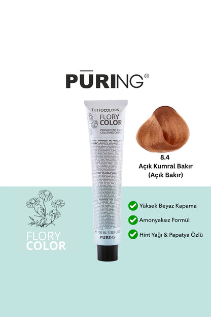 PURING Flory Color Papatya Özlü Amonyaksız Saç Boyası 100ml - 8.4 Açık Kumral Bakır (Açık Bakır)