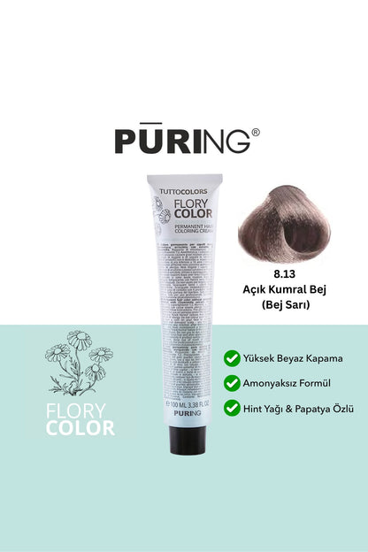 PURING Flory Color Papatya Özlü Amonyaksız Saç Boyası 100ml - 8.13 Açık Kumral Bej (Bej Sarı)