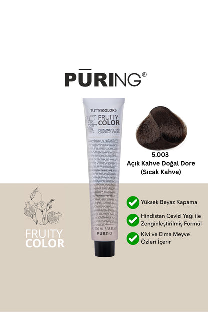 PURING Fruity Color Meyve Asitli Profesyonel Krem Saç Boyası 100ml - 5.003 Açık Kahve Doğal Dore(Sıcak Kahve)