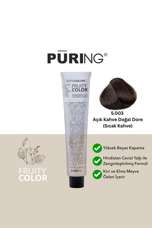 PURING Fruity Color Meyve Asitli Profesyonel Krem Saç Boyası 100ml - 5.003 Açık Kahve Doğal Dore(Sıcak Kahve)