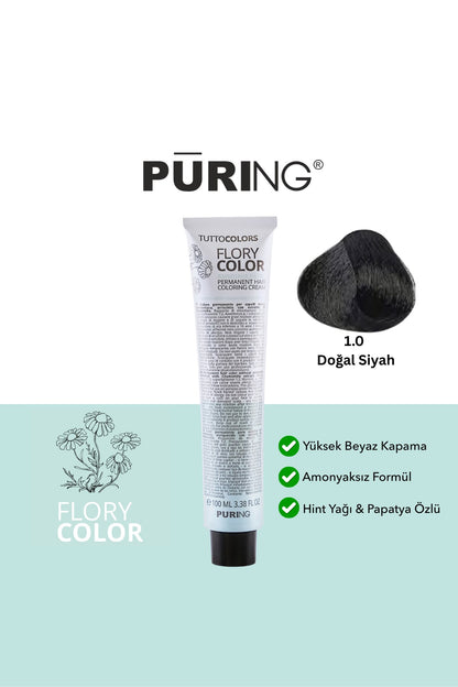 PURING Flory Color Papatya Özlü Amonyaksız Saç Boyası 100ml - 1.0 Doğal Siyah (Yoğun Siyah)