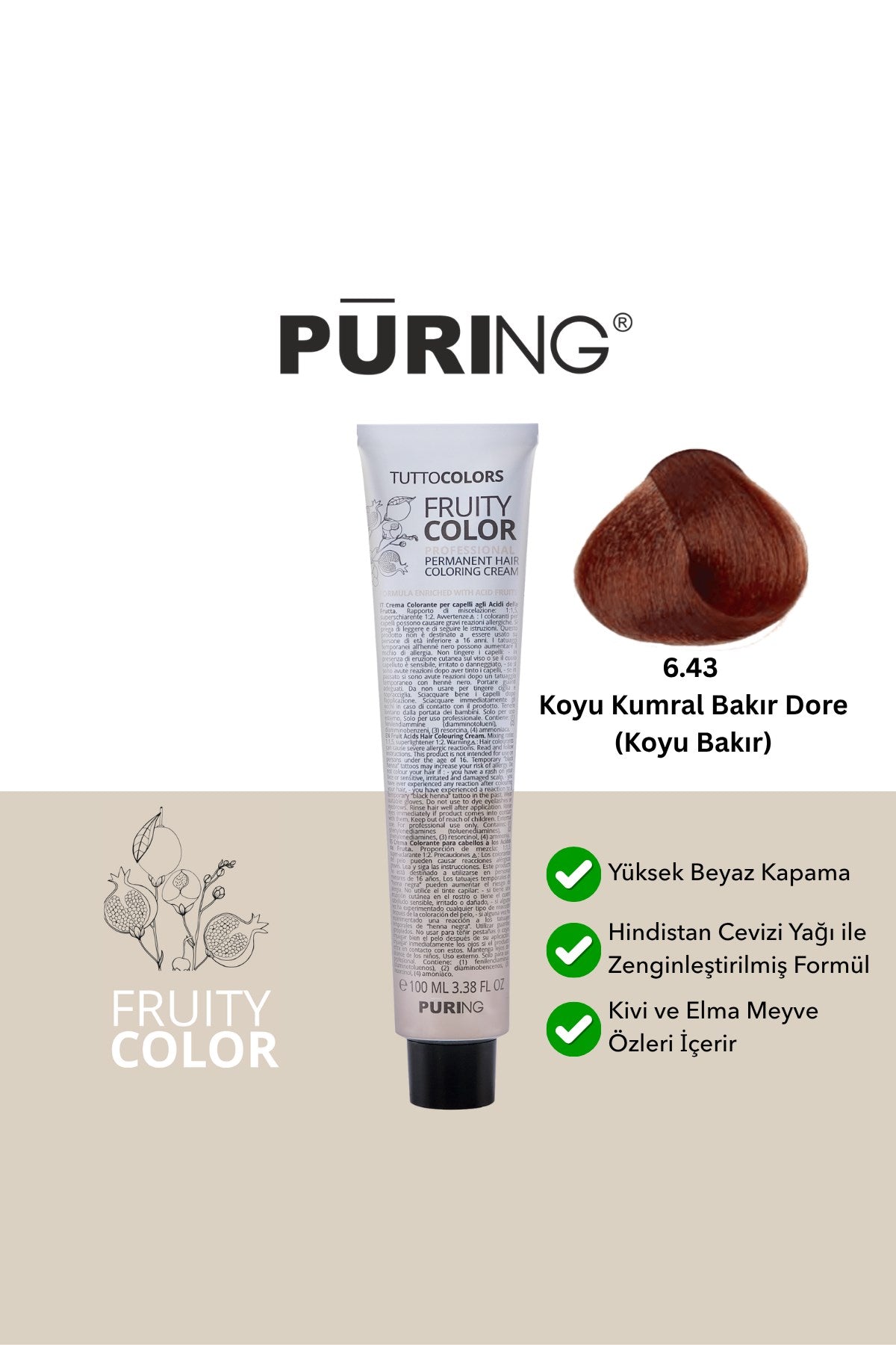 PURING Fruity Color Meyve Asitli Profesyonel Krem Saç Boyası 100ml - 6.43 Koyu Kumral Bakır Dore (Koyu Bakır)