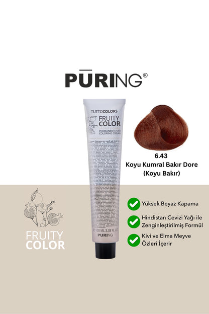 PURING Fruity Color Meyve Asitli Profesyonel Krem Saç Boyası 100ml - 6.43 Koyu Kumral Bakır Dore (Koyu Bakır)