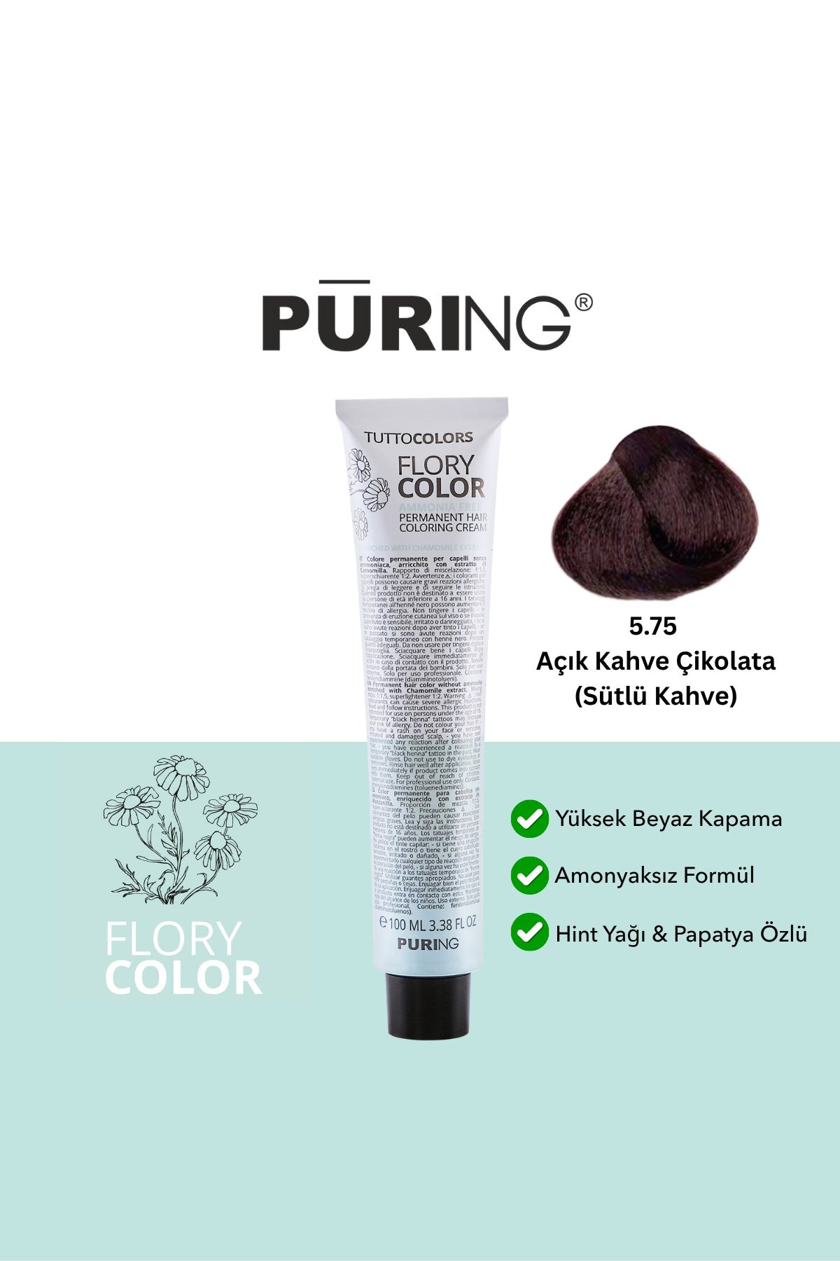 PURING Flory Color Papatya Özlü Amonyaksız Saç Boyası 100ml - 5.75 Açık Kahve Çikolata (Sütlü Kahve)