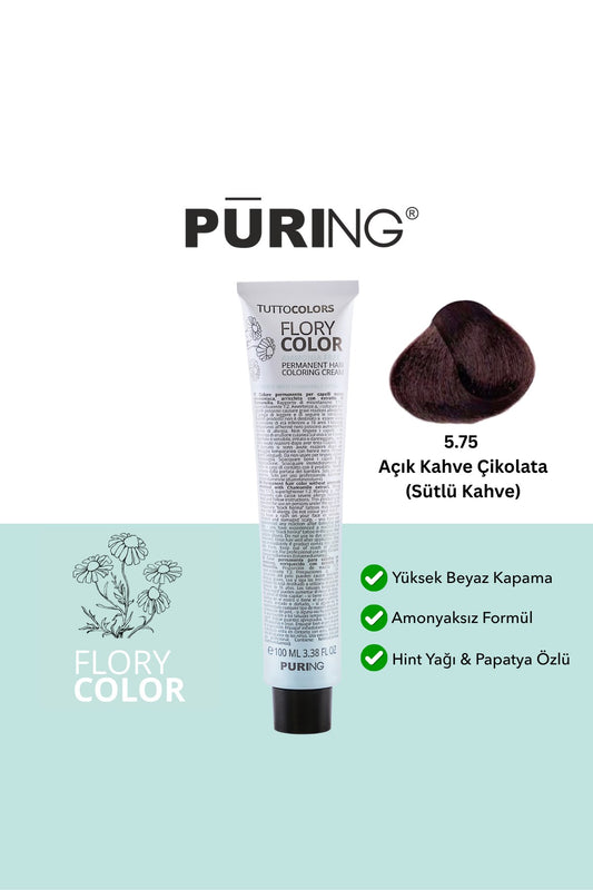 PURING Flory Color Papatya Özlü Amonyaksız Saç Boyası 100ml - 5.75 Açık Kahve Çikolata (Sütlü Kahve)