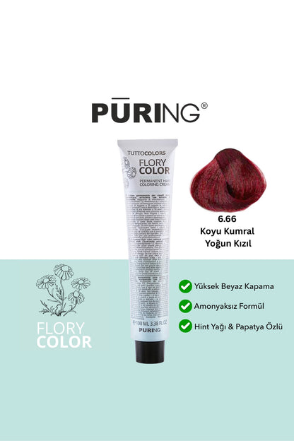 PURING Flory Color Papatya Özlü Amonyaksız Saç Boyası 100ml - 6.66 Koyu Kumral Yoğun Kızıl