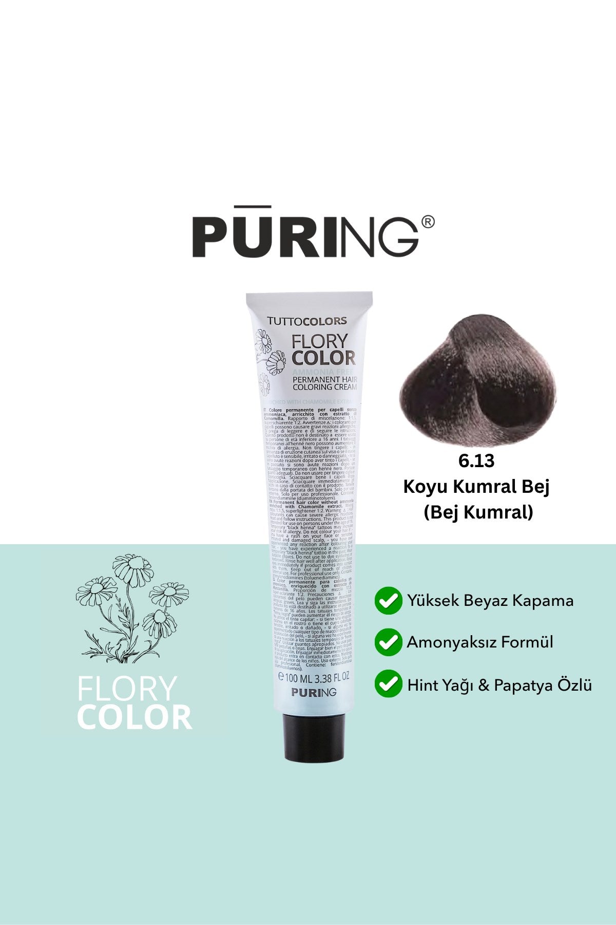 PURING Flory Color Papatya Özlü Amonyaksız Saç Boyası 100ml - 6.13 Koyu Kumral Bej (Bej Kumral)