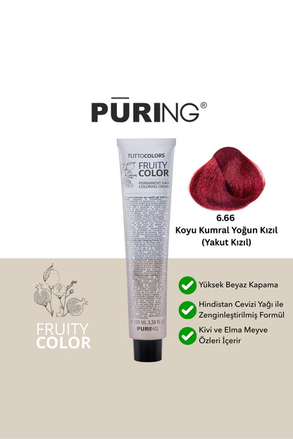 PURING Fruity Color Meyve Asitli Profesyonel Krem Saç Boyası 100ml - 6.66 Koyu Kumral Yoğun Kızıl-Yakut Kızıl