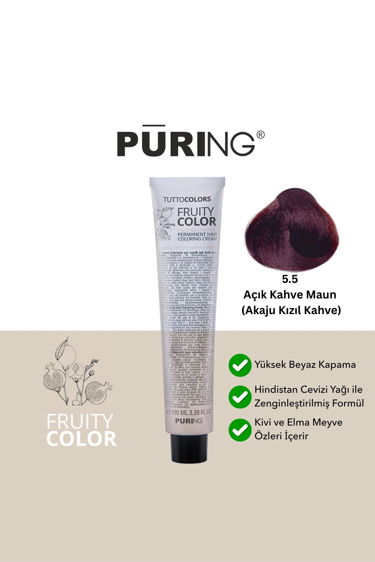 PURING Fruity Color Meyve Asitli Profesyonel Krem Saç Boyası 100ml - 5.5 Açık Kahve Maun (Akaju Kızıl Kahve)