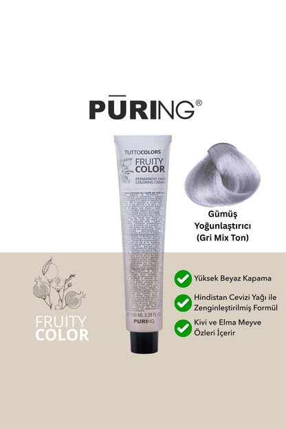 PURING Fruity Color Meyve Asitli Profesyonel Krem Saç Boyası 100ml - Gümüş Yoğunlaştırıcı (Gri Mix Ton)