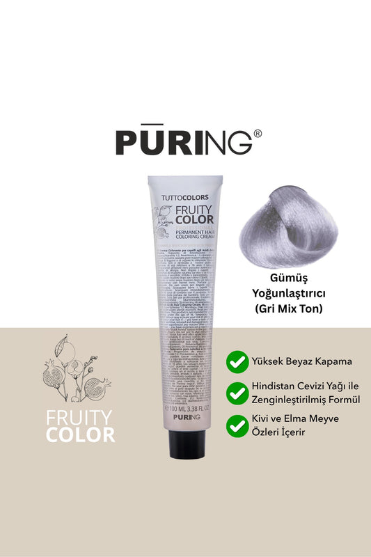 PURING Fruity Color Meyve Asitli Profesyonel Krem Saç Boyası 100ml - Gümüş Yoğunlaştırıcı (Gri Mix Ton)