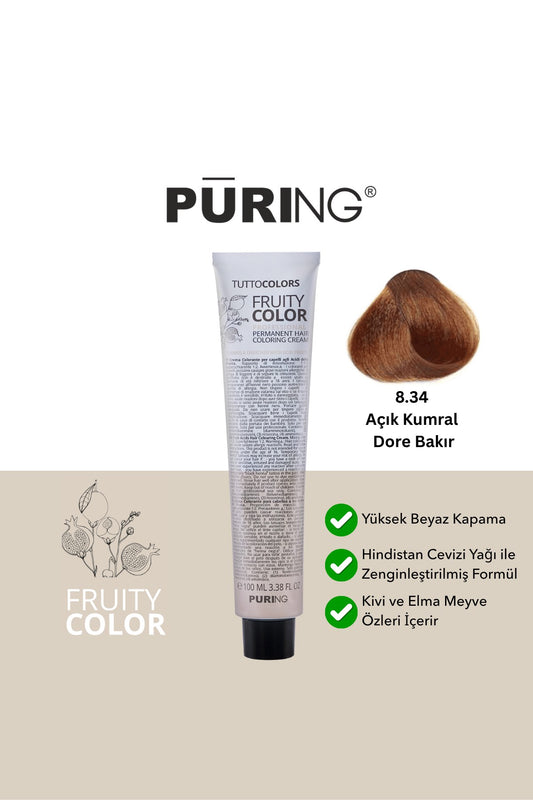 PURING Fruity Color Meyve Asitli Profesyonel Krem Saç Boyası 100ml - 8.34 Açık Kumral Dore Bakır-Açık Karamel