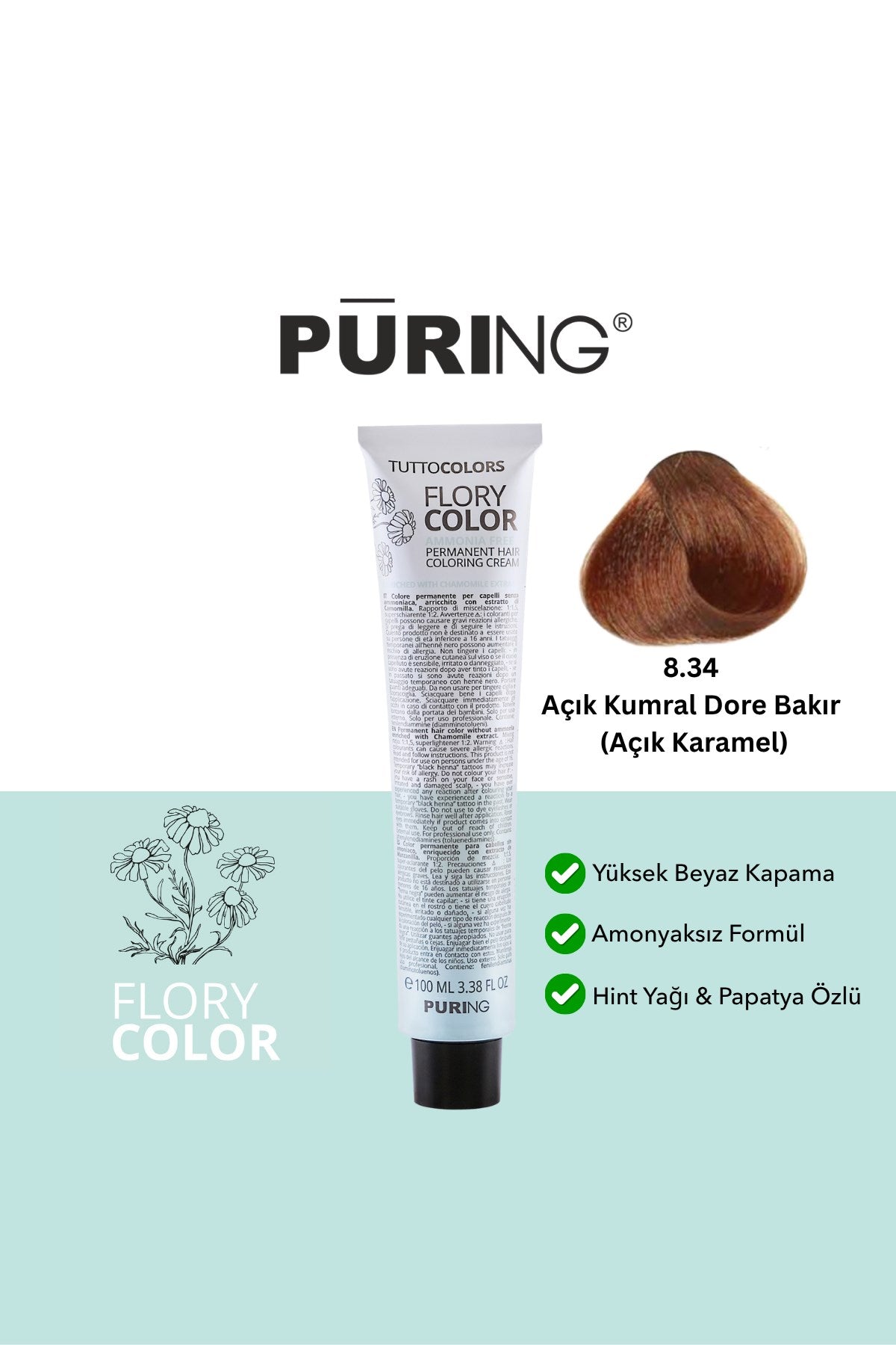 PURING Flory Color Papatya Özlü Amonyaksız Saç Boyası 100ml - 8.34 Açık Kumral Dore Bakır (Açık Karamel)