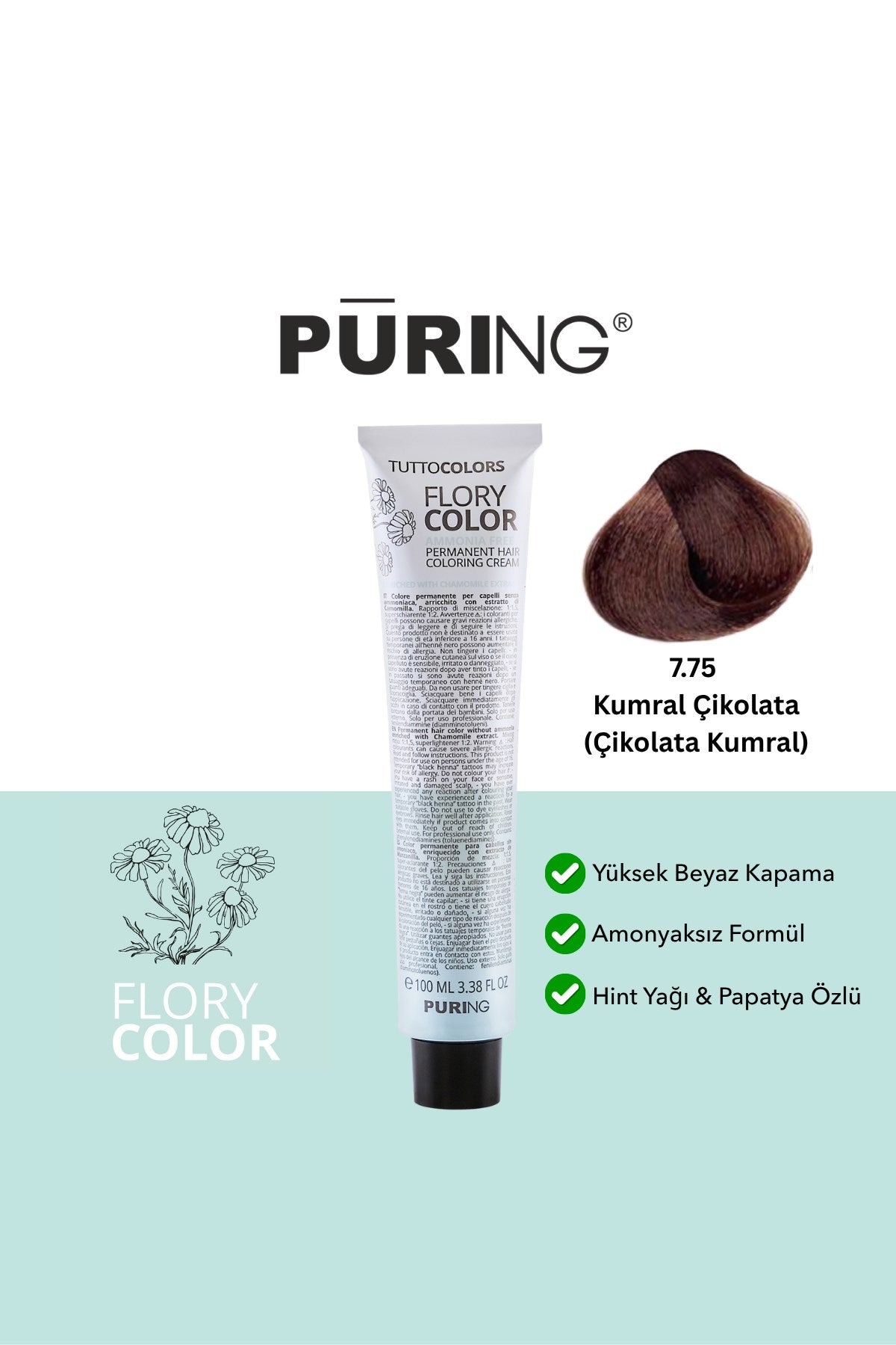 PURING Flory Color Papatya Özlü Amonyaksız Saç Boyası 100ml - 7.75 Kumral Çikolata (Çikolata Kumral)