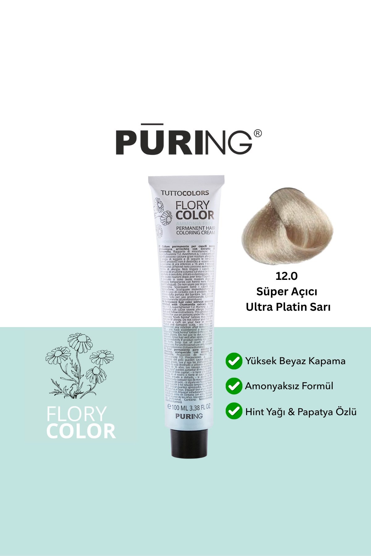 PURING Flory Color Papatya Özlü Amonyaksız Saç Boyası 100ml - 12.0 Süper Açıcı Ultra Plati̇n Sarı