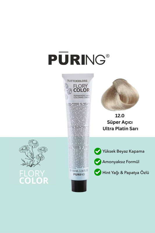 PURING Flory Color Papatya Özlü Amonyaksız Saç Boyası 100ml - 12.0 Süper Açıcı Ultra Plati̇n Sarı