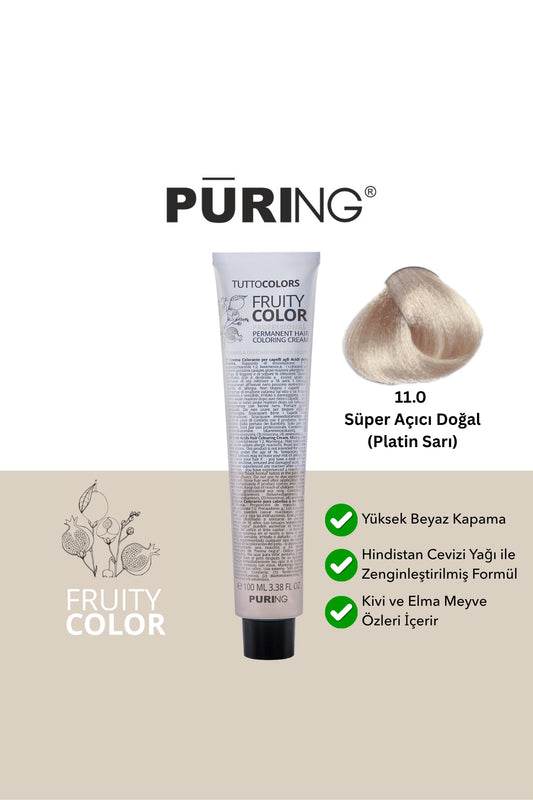 PURING Fruity Color Meyve Asitli Profesyonel Krem Saç Boyası 100ml - 11.0 Süper Açıcı Doğal (Platin Sarı)